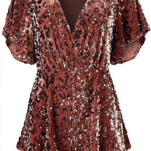 Venus Velvet Sequin Rust Flounce Sleeve Romper Small
